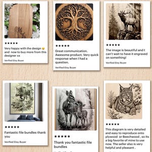 K&ouml;nnte beinhalten: Eine Collage von Kundenbewertungen auf hellbraunem Hintergrund. Die Bewertungen zeigen Bilder von gravierter Holzkunst, darunter ein Lebensbaum, ein Hirsch und ein Luchs. Der Text enth&auml;lt Kundenfeedback und Etsy-K&auml;uferverifizierung.