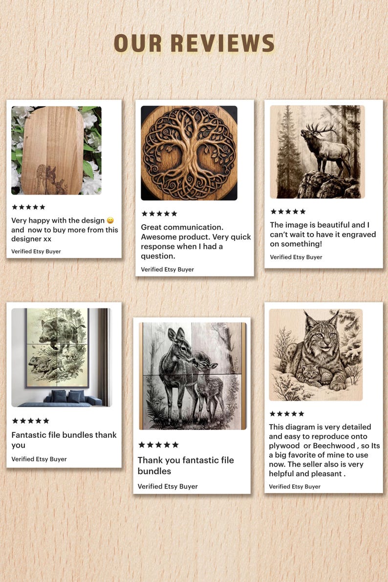 K&ouml;nnte beinhalten: Eine Collage von Kundenbewertungen auf hellbraunem Hintergrund. Die Bewertungen zeigen Bilder von gravierter Holzkunst, darunter ein Lebensbaum, ein Hirsch und ein Luchs. Der Text enth&auml;lt Kundenfeedback und Etsy-K&auml;uferverifizierung.