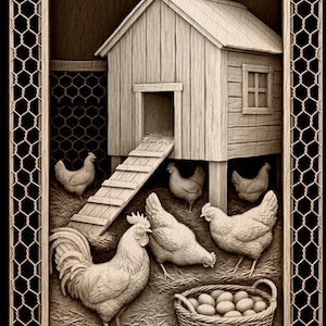 Puede incluir: Un relieve en tonos sepia que representa una escena de gallinero. Un gallinero de madera con una escalera y una ventana está rodeado de gallinas y un gallo. Una cesta de huevos se encuentra en primer plano. La obra está enmarcada con un borde de malla metálica.