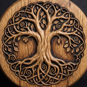 May include: A detailed, circular wooden carving of the Tree of Life. The design features a central trunk with branches, leaves, and intricate root patterns. The wood has a natural, warm brown tone with visible grain and texture.