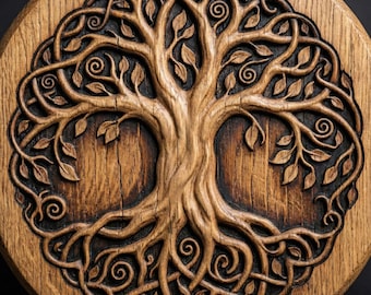 May include: A detailed, circular wooden carving of the Tree of Life. The design features a central trunk with branches, leaves, and intricate root patterns. The wood has a natural, warm brown tone with visible grain and texture.