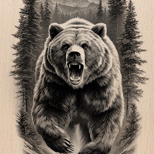 May include: Black and white illustration of a grizzly bear with an open mouth, roaring. The bear is running towards the viewer, with a forest and mountains in the background. The text "Burnished Lines" is in the upper left corner.