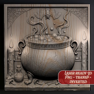 May include: A square wooden relief carving featuring a central cauldron with bubbling liquid, a bat above, and candles on each side. The cauldron rim displays runic symbols. The text LASER READY 3D PNG + TRANSP + INVERTED appears in a red box.