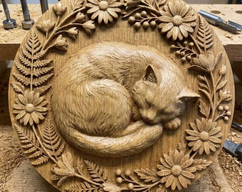 Corona floral de gato durmiendo, grabado en relieve 3D / Archivo láser conmemorativo para mascotas