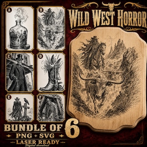 May include: A digital collection titled Wild West Horror featuring six black and white illustrations labeled A through F, including a ghost horse in a bottle, a cowboy on horseback, a skeleton in a suit, a boot, a figure with a raven, and a miner.