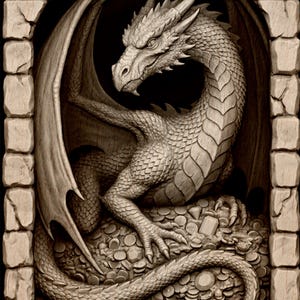 May include: A sepia-toned illustration of a dragon in a stone alcove. The dragon is coiled on a pile of coins and treasure. The alcove is framed by rough stone blocks. The dragon has large wings and a stern expression. The image has a vintage feel.