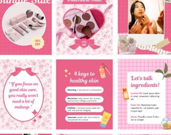 Pink Aesthetic Instagram Templates, Beauty Brand Posts (60 Canva Templates)
