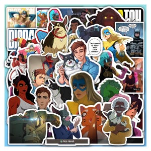 May include: A collection of colorful stickers featuring various cartoon characters, superheroes, and animals. Some stickers include text such as "DIODAS", "MY NAME IS BEEF AND I AM NAKED", "TAX: FRAUD", and "CAM 01". The stickers are on a white background.