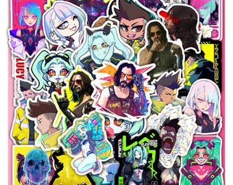 Cyberpunk 2077 Sticker Sheet – Neon Sci-Fi Game Vinyl Decals 40 Piece