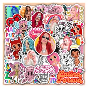 May include: A collection of colorful stickers featuring illustrations of a woman with red hair, cartoon characters, and text. The stickers include images of a mermaid, a devil, and the words "Latina Foreva".