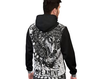Sudadera con capucha con ilustración de calavera de lobo / Lobo grafiti negro AOP