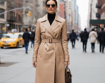 Women’s Genuine Leather Trench Coat – Long Real Leather Coat with Belt – Handmade Luxury Leather Overcoat – Winter Leather Coat for Women