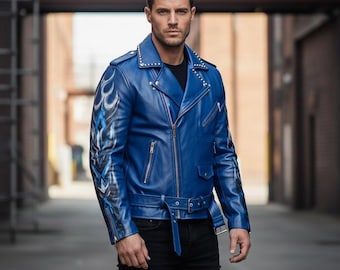 Chaqueta de motociclista de cuero azul para hombre, chaqueta de moto de cuero auténtico, chaqueta de moto con tachuelas, abrigo de motociclista azul marino, regalo hecho a mano