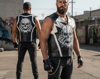 Colete de couro para motociclista com estampa de caveira – Colete masculino preto e branco para motociclistas