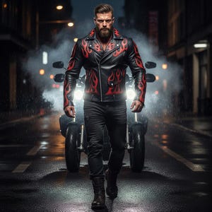 Puede incluir: Chaqueta de cuero negra con diseños de llamas rojas, combinada con vaqueros negros y botas. Una motocicleta es visible en el fondo, creando un tema de motero. La imagen está ambientada en una calle de la ciudad por la noche.