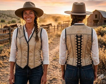 Women’s Western Leather Vest, Tan Lace Up Vest, Cowgirl Leather Vest, Side Lace Biker Vest Women, Rustic Western Vest, Rodeo Outfit Vest