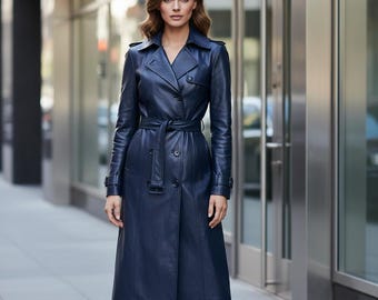 Women Blue Leather Trench Coat Handmade Long Leather Coat Belted Leather Jacket Autumn Style