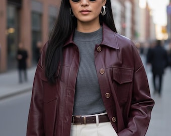 Women’s Burgundy Genuine Leather Jacket – Real Leather Cropped Shirt Jacket | Handmade Minimal Streetwear Coat