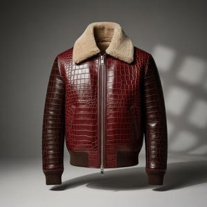 Puede incluir: Chaqueta bomber de cuero granate con cuello de piel sintética. La chaqueta presenta una textura de piel de cocodrilo, una cremallera frontal y puños y dobladillo de canalé marrón. Las mangas son de un tono marrón más oscuro.