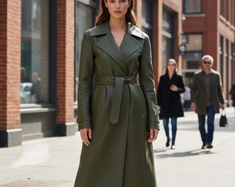 Women Green Leather Trench Coat Handmade Long Leather Coat Belted Leather Jacket Autumn Style