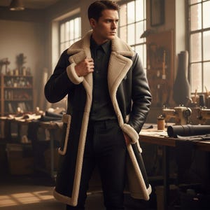 May include: A black leather coat with a cream shearling lining and trim. The coat features a classic design with a wide lapel and a double-breasted closure. The person in the image is wearing a black shirt and trousers. The background is a workshop.