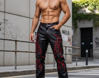 Black Leather Flame Pants – Handmade Biker Style Trousers with Red Flame Design