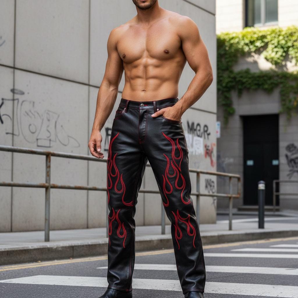 本革 レザーパンツ 黒赤 バイカー XL Y2K モーターサイクル　y2k Men's Black Flame Leather Pants | Genuine Lambskin Leather Biker