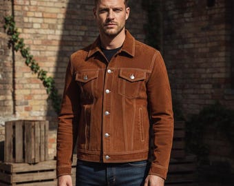 Chaqueta de ante para hombre: estilo clásico de camionero / Chaqueta de ante genuino hecha a mano / Ropa de abrigo informal y vintage
