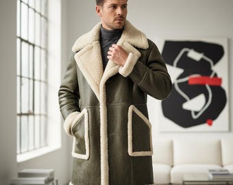 Abrigo de piel de oveja color oliva para hombre, abrigo de piel de oveja auténtica, chaqueta de invierno de piel de oveja, abrigo de piel con forro de piel, abrigo de invierno de lujo para hombre.