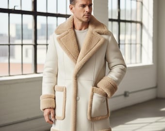 Men's White Shearling Coat, Ivory Sheepskin Leather Coat, Genuine Shearling Jacket, Winter Fur Lined Coat,Luxury Winter Leather Coat for Men
