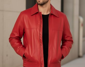 Men’s Handmade Red Leather Jacket | Classic Zip-Up Casual Jacket | Modern Everyday Outerwear