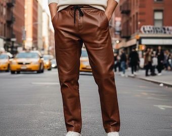 Men’s Genuine Leather Jogger Pants – Black Brown White Leather Trousers – Handmade Slim Fit Leather Pants – Luxury Streetwear Pants for Men