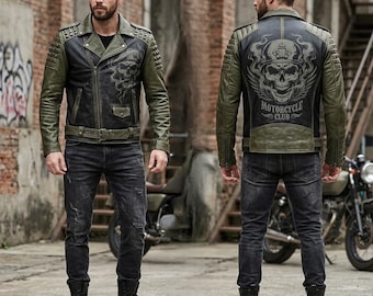 Men Biker Leather Jacket | Skull Motorcycle Jacket | Vintage Distressed Leather Jacket | Cafe Racer Jacket Men | Gothic Rider Jacket