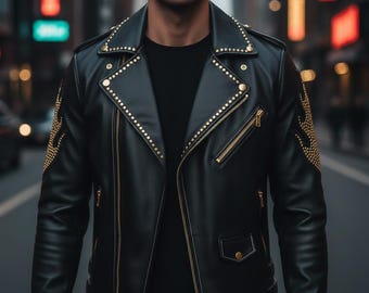 Men’s Black Leather Biker Jacket Skull Flame Studded – Gothic Punk Motorcycle Jacket – Hand Made jacket
