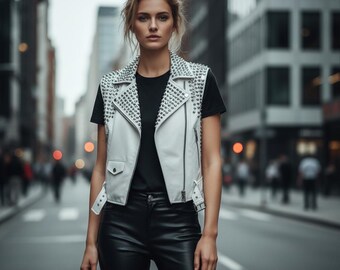 Women’s White Studded Leather Biker Vest – Handmade Sleeveless Moto Jacket | Punk Rock Street Style