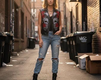 Handmade Leather Biker Vest – Women's Skull & Rose Embroidered Moto Vest