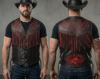 Gilet da motociclista in pelle da uomo con frange, gilet da motociclista nero e rosso, gilet in pelle stile western, gilet da fuorilegge, gilet in pelle fatto a mano