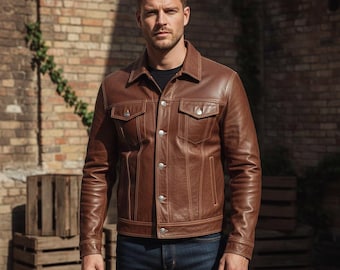 Men’s Real Leather Jacket – Classic Trucker Style | Genuine Leather Jacket for Men | Brown & Black Leather Outerwear