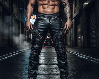Black Studded Leather Pants – Handmade Biker & Rock Style Motorcycle Trousers