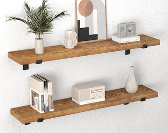 Solid Wood Floating Shelf - Kitchen, Living Room, Bathroom - Heavy Duty Metal Bracket -Rustic Style