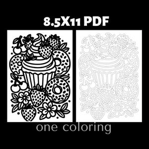 Cupcake dessert monochrome coloring page featuring strawberries, donuts, flowers, and sweet treats in detailed black and white line art. Adult coloring book printable page designed for relaxation and stress relief coloring. Cute dessert coloring illustration perfect for baking lovers and kawaii food coloring collections. High resolution printable coloring page ideal for creative coloring activities.
