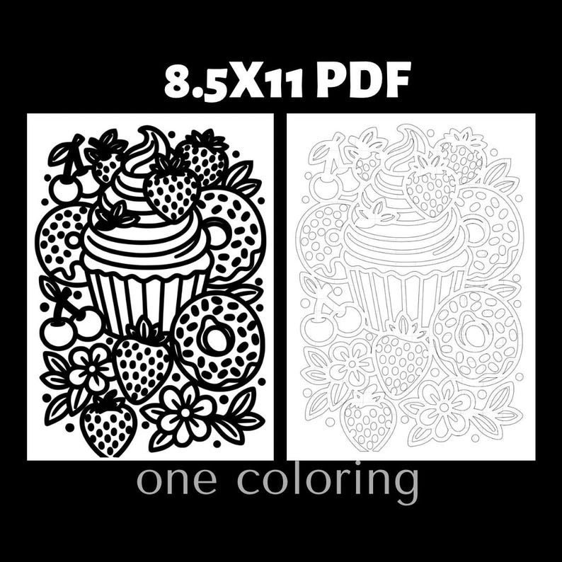 Cupcake dessert monochrome coloring page featuring strawberries, donuts, flowers, and sweet treats in detailed black and white line art. Adult coloring book printable page designed for relaxation and stress relief coloring. Cute dessert coloring illustration perfect for baking lovers and kawaii food coloring collections. High resolution printable coloring page ideal for creative coloring activities.