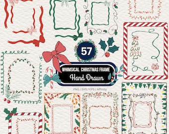 57 Hand Drawn Christmas Frames Bundle SVG PNG EPS, Christmas Border Clipart, Holiday Frame Bundle, Candy Cane Border, Christmas Lights Frame