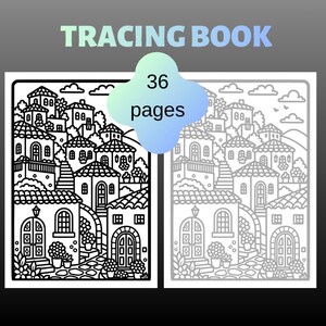 Peut inclure: Un livre de traçage de 36 pages présentant une illustration au trait noir et blanc d'un village à flanc de colline avec plusieurs maisons, des portes arquées, des fenêtres et des plantes en pot. Le texte TRACING BOOK et 36 pages est imprimé.