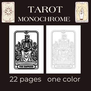 May include: Monochrome tarot card design featuring "The Empress" card in black and white. The image includes the text "TAROT MONOCHROME", "22 pages one colour", and two other tarot cards: "The Sun" and "Wheel of Fortune".