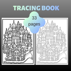 Może przedstawiać: Książka do kalkowania z napisem "TRACING BOOK" w kolorze jasnozielonym. Książka zawiera dwie ilustracje fantazyjnego miasta z kopułami w kształcie cebuli i ślimakiem. Tekst "33 strony" znajduje się w niebiesko-zielonym bąbelku.