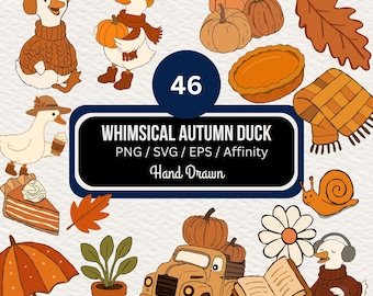 Hand Drawn Whimsical Autumn Duck Clipart Bundle PNG SVG EPS, Fall Duck Clipart, Cottagecore Autumn Graphics, Cute Goose Clipart, Commercial