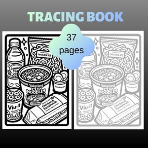 Pode incluir: Um livro de traçado com 37 páginas apresentando ilustrações de linhas em preto e branco de alimentos de loja de conveniência, incluindo uma garrafa de chá de limão, um copo de macarrão Yukgejang, um sanduíche e vários recipientes de lanches.