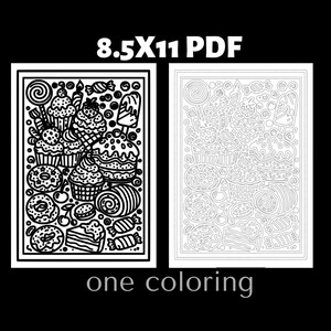 Candy dessert monochrome coloring page featuring cupcakes, lollipops, sweets, and bakery treats. Adult coloring book printable page designed for mindfulness coloring and relaxation art activities. Detailed black and white dessert coloring illustration ideal for sweet lovers and coloring hobby artists.