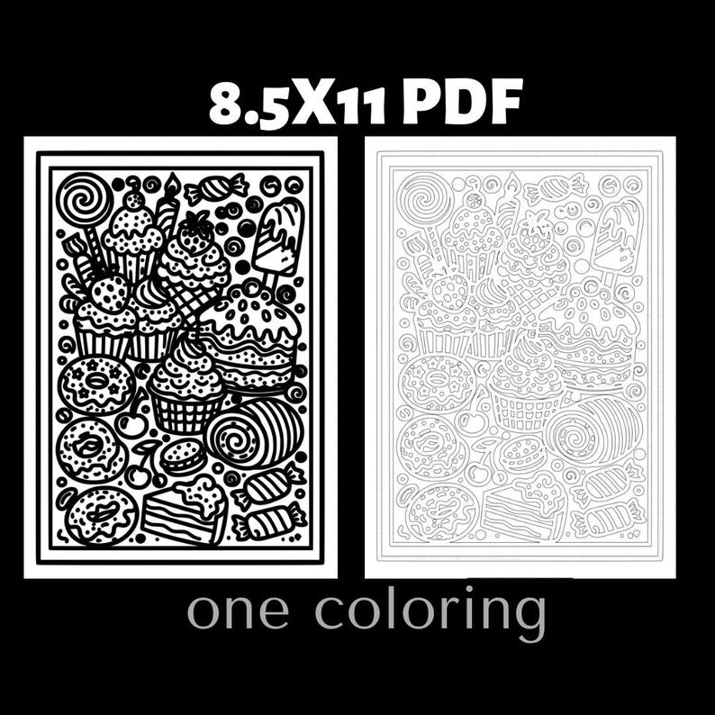 Candy dessert monochrome coloring page featuring cupcakes, lollipops, sweets, and bakery treats. Adult coloring book printable page designed for mindfulness coloring and relaxation art activities. Detailed black and white dessert coloring illustration ideal for sweet lovers and coloring hobby artists.